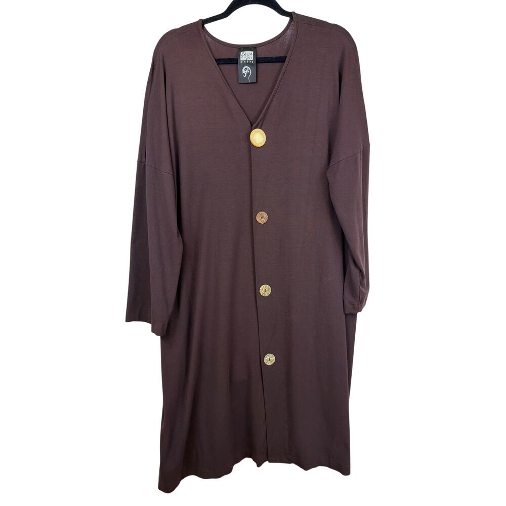 Vintage Blue Fish Brown V Neck Button Up Tunic Top / Jacket  Size OS